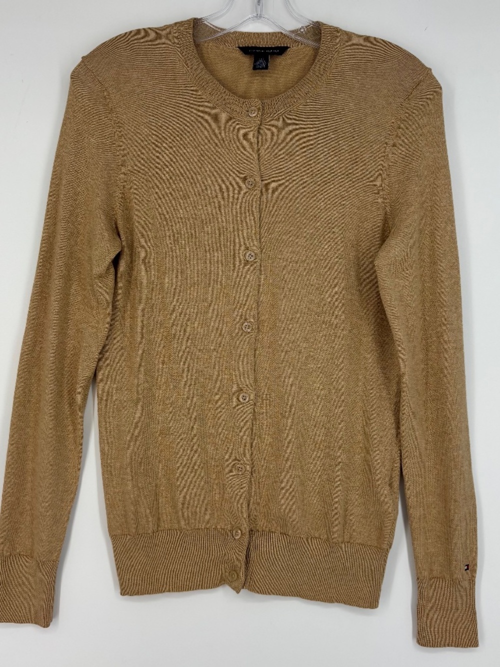 Tommy Hilfiger Womens Large fits Small Button Front Cardigan Sweater Tan Heather